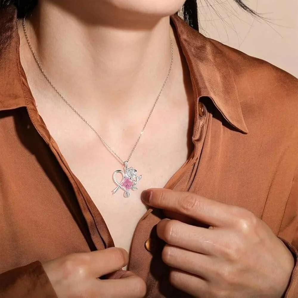 Sterling Silver Pink Heart Ribbon Necklace Breast Cancer Awareness Pendant NWT - Picture 3 of 6